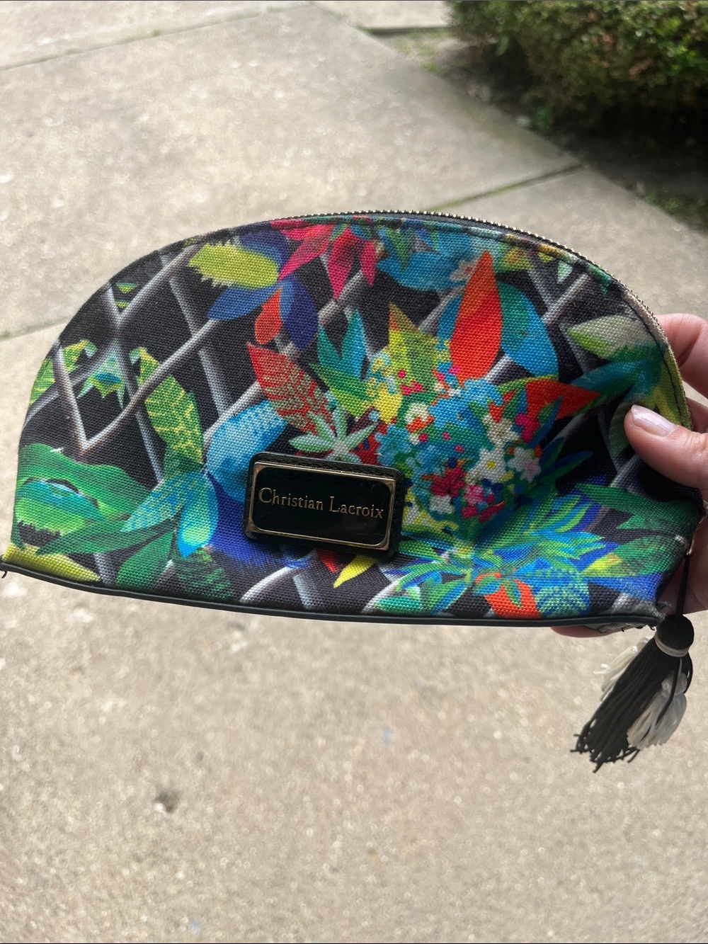Christian Lacroix Black Floral Print Cosmetic Pouch with Tassel